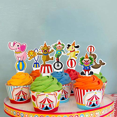 Joymee 48 Pieces Circus Animal Cupcake Topper for Carnival Themed Baby Shower Kids Birthday Party Favor Supplies Lion Bear Elephant Cake Decorations - Image 3